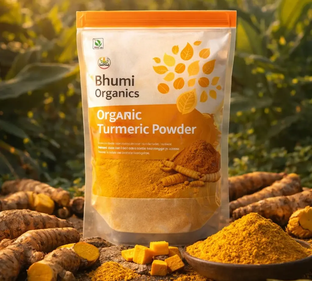 organic turmeric pouch with turmeric roots and powder