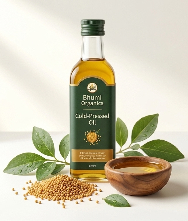 cold pressed oil bottle of mustard oil with mustard seeds around.