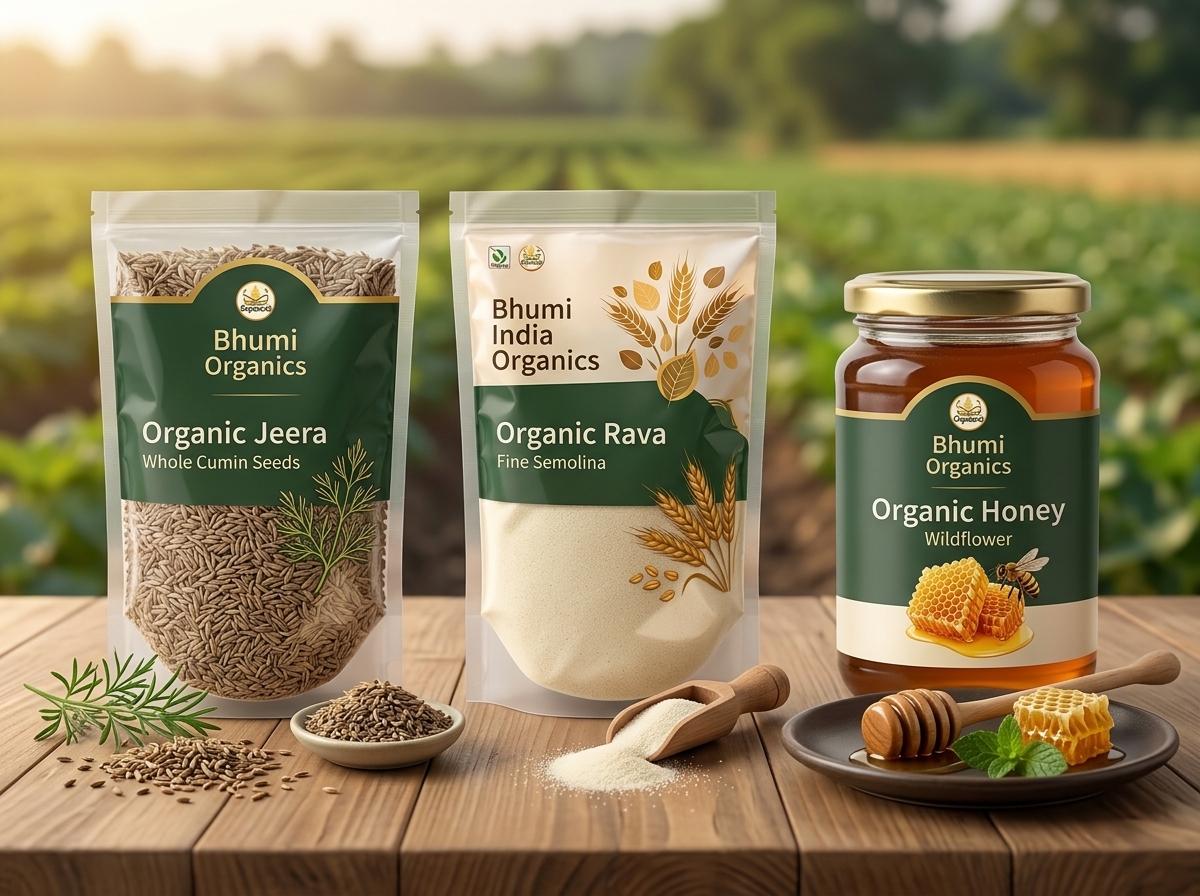 Bhumi Organics clean eating essentials, organic jeera, organic rava, and organic wildflower honey on a wooden farm table