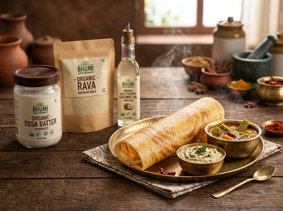 Chemical free and organic dosa and sambar in brass utensils on wooden table with organic rava, organic dosa batter and organic cold pressed coconut oil beside it.
