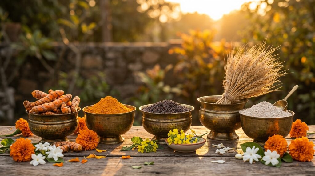 Organic spices like turmeric, mustard, wheat flour and wheat stalks, in brass vessels on wooden table with marigold and jasmine flowers in golden light