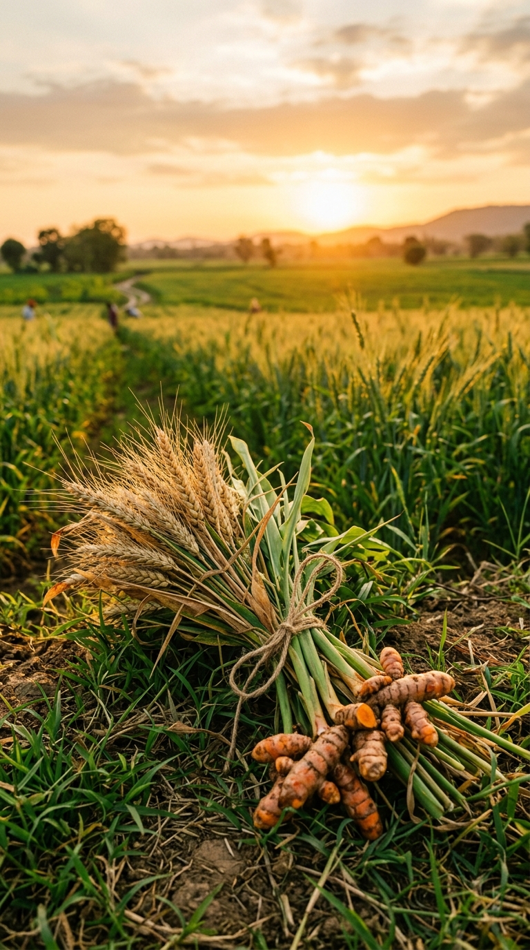 Golden hour image of wheat, turmeric and green leaf stalk bundled together with jute rope as a symbol of healthy lifestyle.